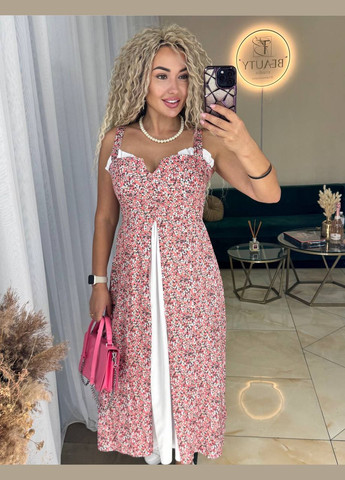 Рожева повсякденний, святковий, пляжна, кежуал стильна літня сукня з білою вставкою Vakko з квітковим принтом
