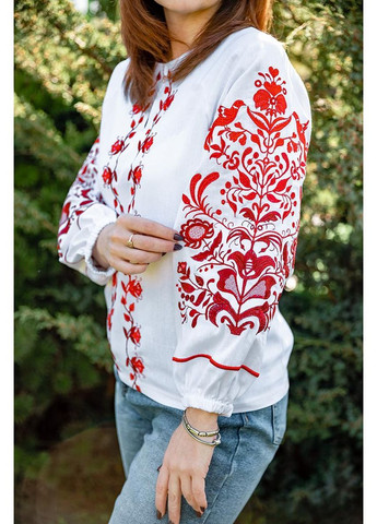 Белая женская вышиванка белая с красной вышивкой птиц и цветов классическая рубашка с длинным рукавом, 4xl лен (301033597)