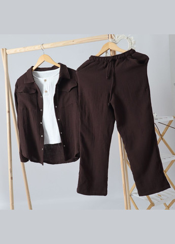 Темно-коричневый летний детский муслиновый шоколадний комплект унисекс штани палаццо+рубашка+футболка mrou No Brand