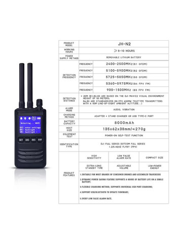 Детектор дронів портативний до 2х километрів, виявник дронів в діапазоні 900-1.5G/2.4G/5.1G-5.9G JH-N2 (101050) Nectronix (321960380)