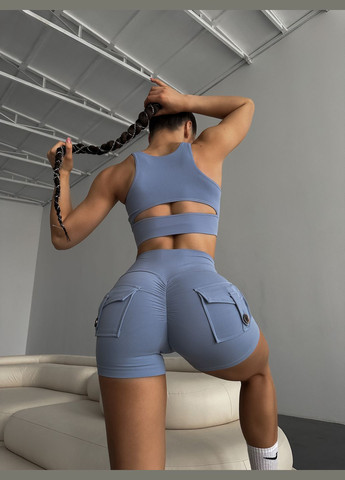 Спортивные женские шорты с карманами PUSH UP для фитнеса и pole dance Голубые Pocket Короткі шорти з кишенями та пуш-ап ефектом (317046267)