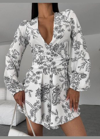 Повседневный белый ромпер в цветочном принте из американского крепа, короткий летний ромпер с длинным рукавом No Brand 308-1 цветочный белый