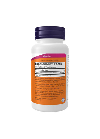ПАБК (пара-аминобензойная кислота) PABA 500 мг 100 капсул Now Foods (346086693)
