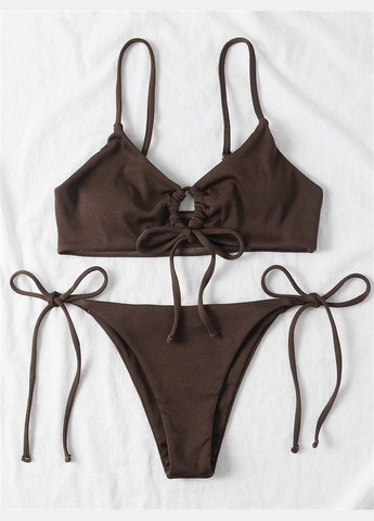 Коричневый летний раздельный женский купальник в рубчик с завязками на лифе и плавках ribana черный No Brand
