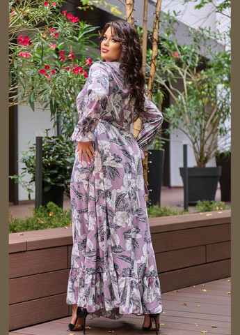 Фиолетовое кэжуал платье 8636/1 в фрезе цвете с супер-мягкой тканью (принт) и поясом: стильное, комфортное и универсальное 56 Sofia