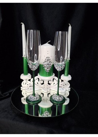 Набір весільні келихи та свічки в смарагдовому (зеленому) кольорі та свічнику. No Brand (367056201)