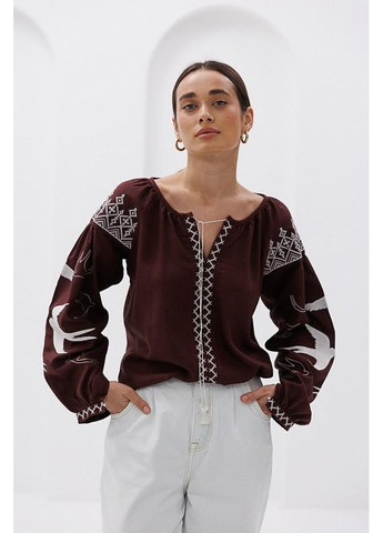 Коричнева сорочка вишиванка жіноча сорочка льон довгий рукав ластівки 46 шоколад Arjen