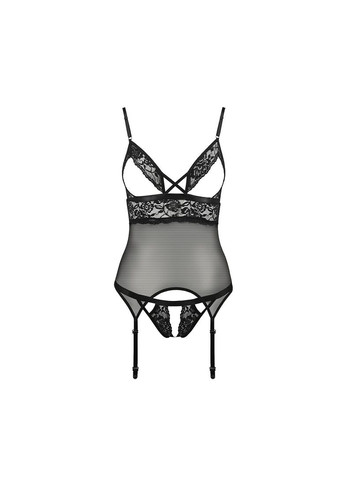 Корсет з відкритими грудьми DIABOLINA CORSET S/M, black, пажі, трусики, напівпрозорий Passion (369951860)