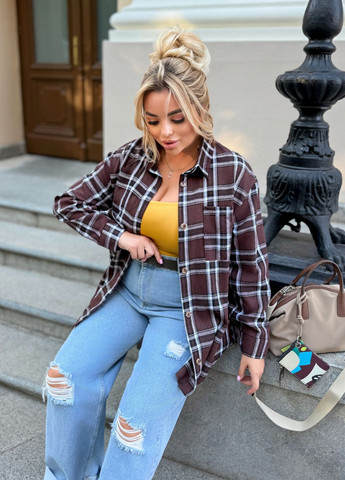 Коричневая повседневный, кэжуал рубашка в клетку No Brand с длинным рукавом