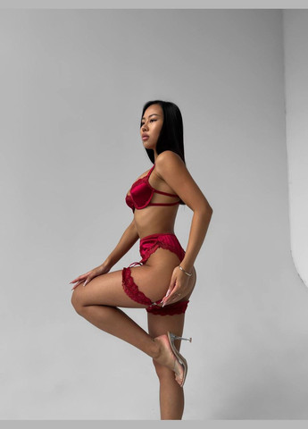 Бордовий комплект жіночої білизни з поясом і гартерами Simply sexy