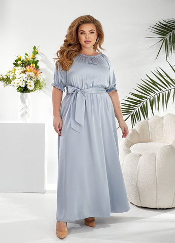 Блакитна святковий, коктейльна, вечірня шовкова максі-сукня кльош, а-силует, в стилі армпір No Brand однотонна