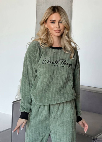 Оливковая зимняя женская однотонная плюшевая пижама с надписью свитшот + брюки Tik-Tak