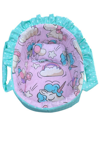 Колиска для ляльки до 22 см м'ятна с рожевими одноріжками 403 No Brand колиска ліжечко переноска (347637759)