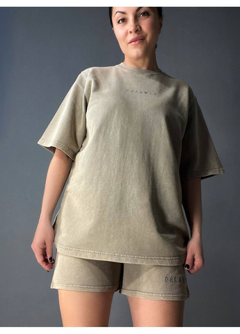 Костюм жіночий 25-02 варений тай-дай футболка та шорти з вишивкою бежевий Pepper&Mint (334098203)