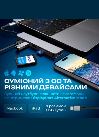 Адаптер 6в1, usb хаб для ноутбука: 4K HDMI+USB3.0*2+SD/TF Card Reader+PD Female (Hub-6/1) Brillix (366037737)