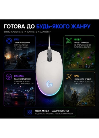 Ігрова миша G102 Lightsync, дротова, 8000 DPI, RGB-підсвічування, 6 кнопок, White Logitech (374917642)