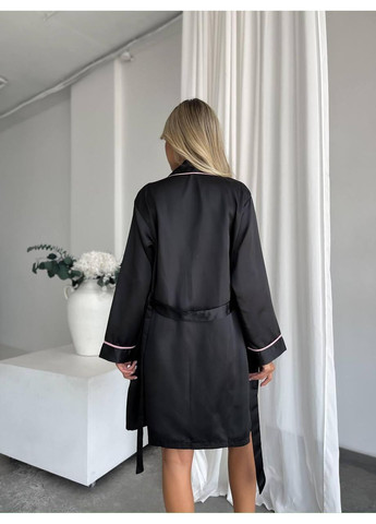 Черная женская черная пижама с халатом шелк армани / комплект женской пижамы сатиновый топ, шорты и халат / женская шелковая пижама No Brand