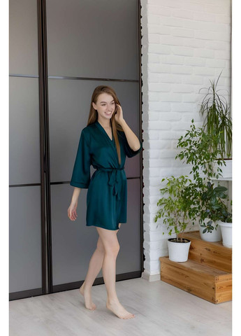 Жіночий зелений шовковий короткий халат, халатик шовк смарагдовий Україна (371372776)