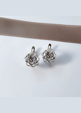 Срібні сережки Квітка Троянда із Білими каменями срібро 925 проби Родоване 56043р 3.50г No Brand (340916716)
