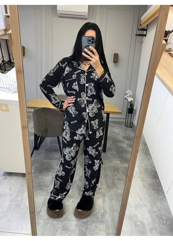 Черная всесезон женская пижама туника + брюки No Brand