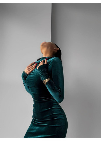 Изумрудное праздничный элегантное бархатное платье меди с длинным рукавом силуэтная No Brand