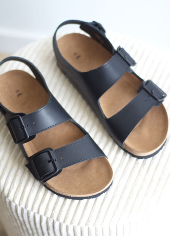 Черные женские босоножки стиль birkenstock из натуральной кожи Zlett с ремешком