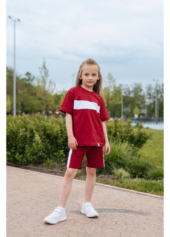 Бордова літня літній костюм шорти+футболка з білою вставкою для дівчаток багряний ( ) Ginger Cat