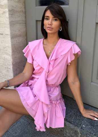 Рожева коктейльна вишукана легка літня коктейльна міні сукня в стилі бохо з поясом в комплекті та воланами Allthings однотонна