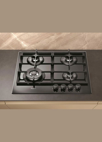 Варильна поверхня газова на склі, 60см, чавун, конфорка з подвійним рядом полум'я, WHIRLPOOL (314748626)