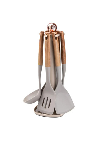 Набор кухонных принадлежностей на подставке 6 штук, дерево TS Kitchen серые,