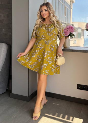 Горчичное повседневный изысканное легкое летнее платье меди с короткими рукавами и запахом на груди Україна однотонное