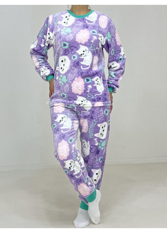 Голубая зимняя пижама женская велсофт белый кот 56 голубая 54487657-6 PARS