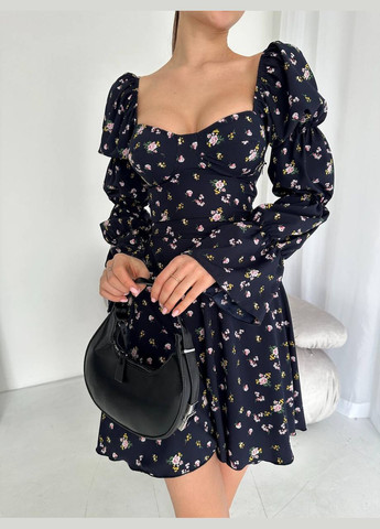 Темно-синее коктейльное, деловое, повседневный, кэжуал, вечернее женское платье клеш No Brand с цветочным принтом