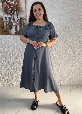 Сіра повсякденний вишукана легка літня повсякденна міді сукня на гудзиках з короткими рукавами ліхтарик Україна однотонна