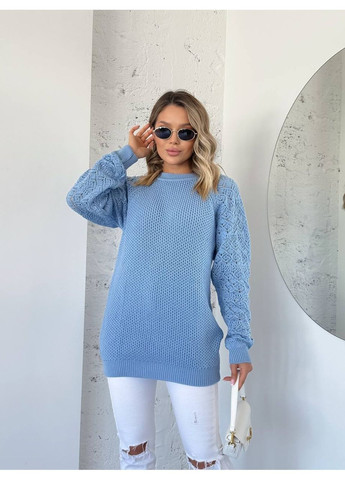 Голубой демисезонный женский свитер с ажурными рукавами джемпер No Brand