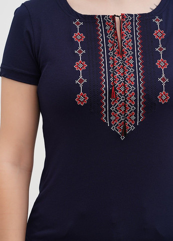 Тёмно-синяя женская вышитая футболка орнамент красный, синяя Lesia (335077546)