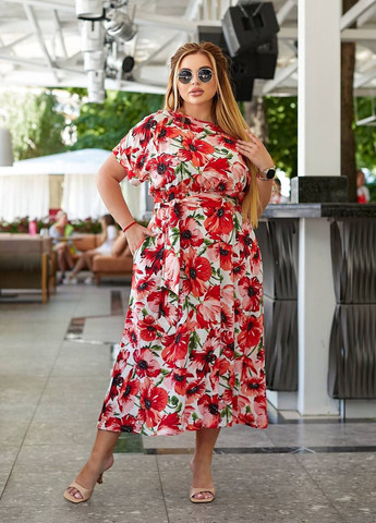 Червона повсякденний літня сукня міді штапель з коротким рукавом та поясом Modena з квітковим принтом