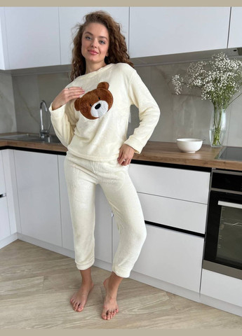 Молочная зимняя пижама женская махра кофта + брюки No Brand