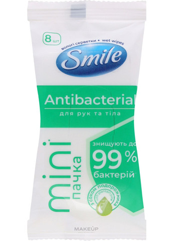 Влажные салфетки с соком подорожника и пантенолом, 8шт Antibacterial 8шт (1339301-27070781) Smile (368660732)