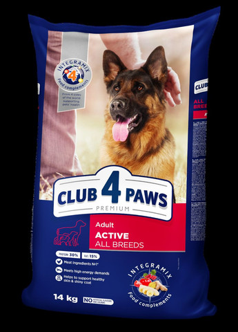 Сухий корм Актив для дорослих активних собак всіх порід 14 кг CLUB 4 PAWS Клуб 4 Лапи Клуб 4 Лапы (278308964)