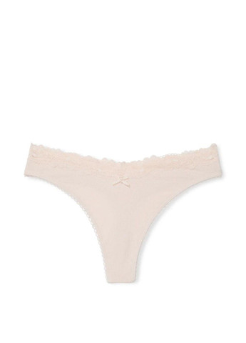 Трусики-стринги хлопковые Stretch Cotton High-Leg Scoop Thong Panty бежевые Victoria's Secret (330829451)