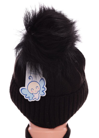 Шапка із зав'язками на флісі з бубоном чорна 3м+ (51776) BABYKROHA (337706224)