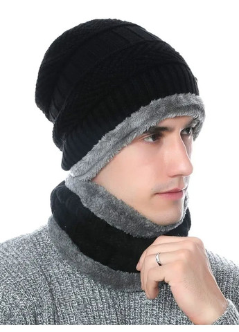 Зимний мужской комплект Шапка и снуд (бафф-хомут) вязаный с меховой подкладкой утепленный One Size, шапка на зиму черная No Brand (368707080)