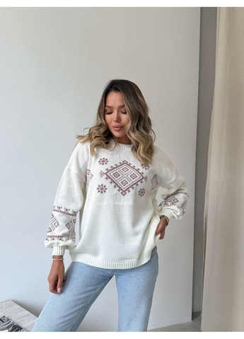 Молочный демисезонный женский классический свитер с этническим узором молочного цвета 34182 No Brand