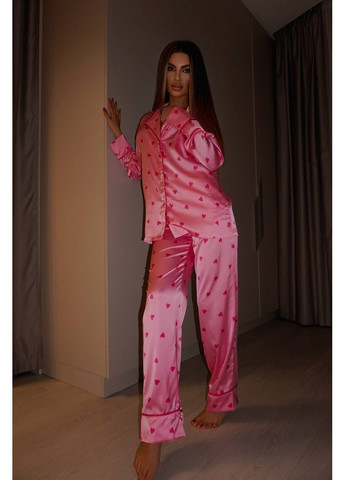 Малинова всесезон жіночий піжамний комплект з принтом сердечок сорочка + брюки No Brand