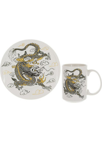 Чайная фарфоровая пара "дракон на белом" кружка, тарелка BonaDi (282587060)
