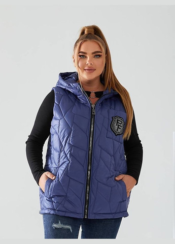 Женская демисезонная жилетка батал синяя с стразами средней длины с кулиской Viki Жилет (316035131)