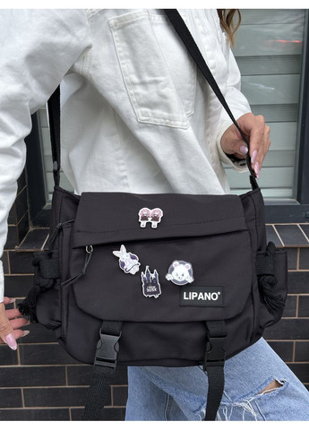 Сумка через плечо молодежная со значками аниме JLCH черная. Сумка студенческая, школьная.Сумка для прогулок No Brand (350613507)