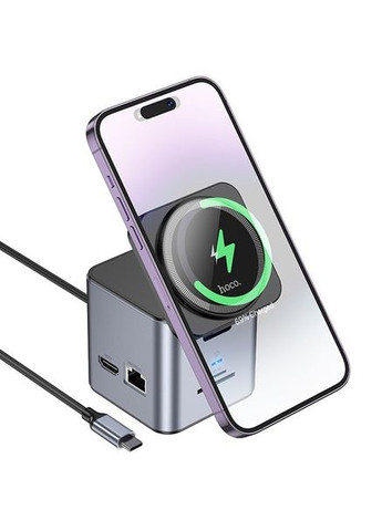 Хаб с беспроводным зарядным HB49 Effortless 9-in-1 100W Metal gray Hoco (368591167)