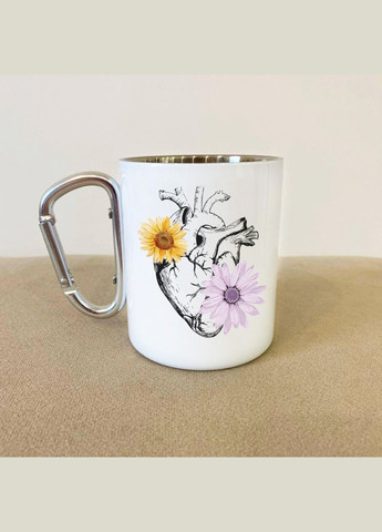 Кружка металлическая с карабином "Мое сердце бьется в ритме ВСУ" 300 мл Белая No Brand (324263853)